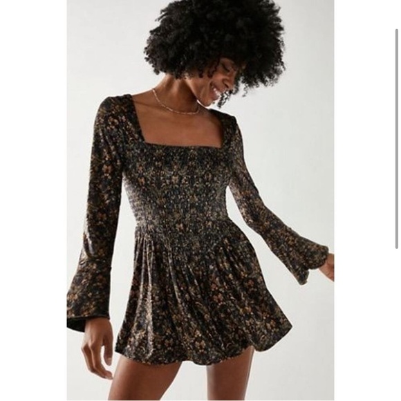 New Rare Free People Bali Tightrope Romper $148 Small Brown Velvet Floral Motif - Picture 1 of 10